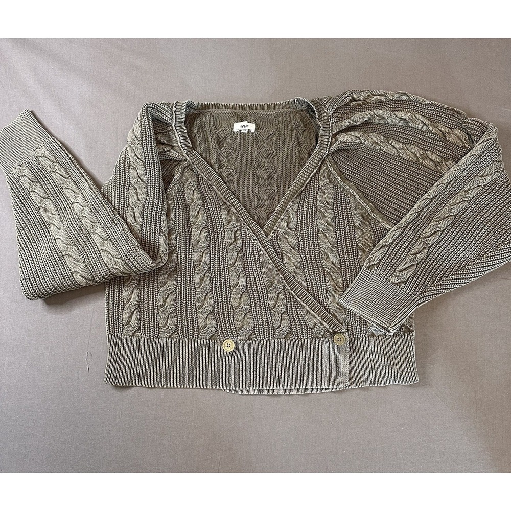 Aerie Cable Wrap Crop Cardigan Size XXL Olive Green Cotton V-Neck Puff Sleeve